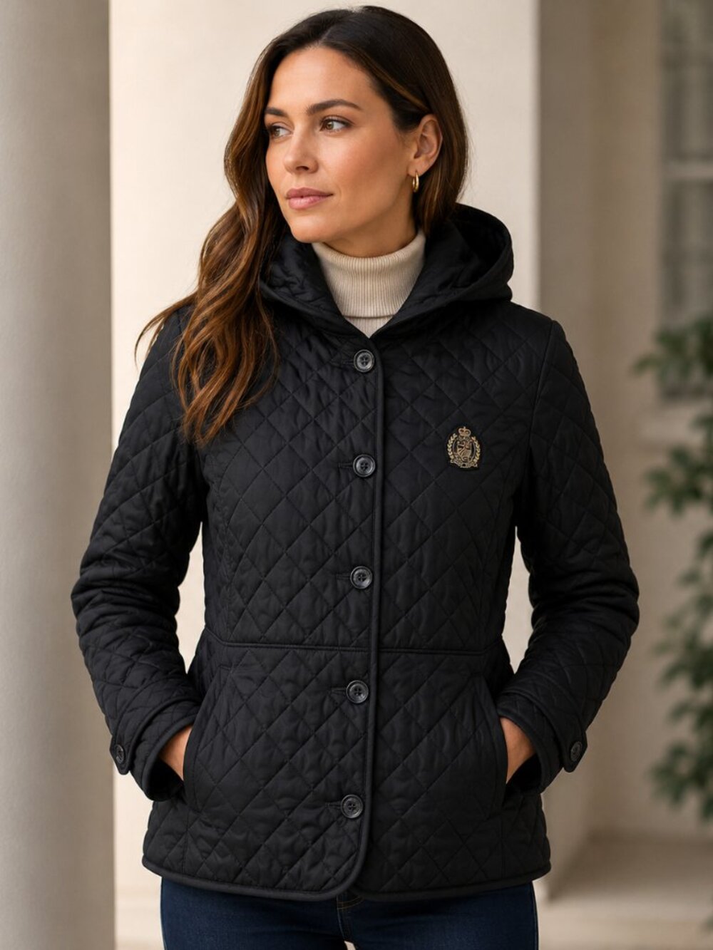 Lauren Ralph Lauren Black Label SZ L Crest-Patch Quilted Hooded Jacket Black
